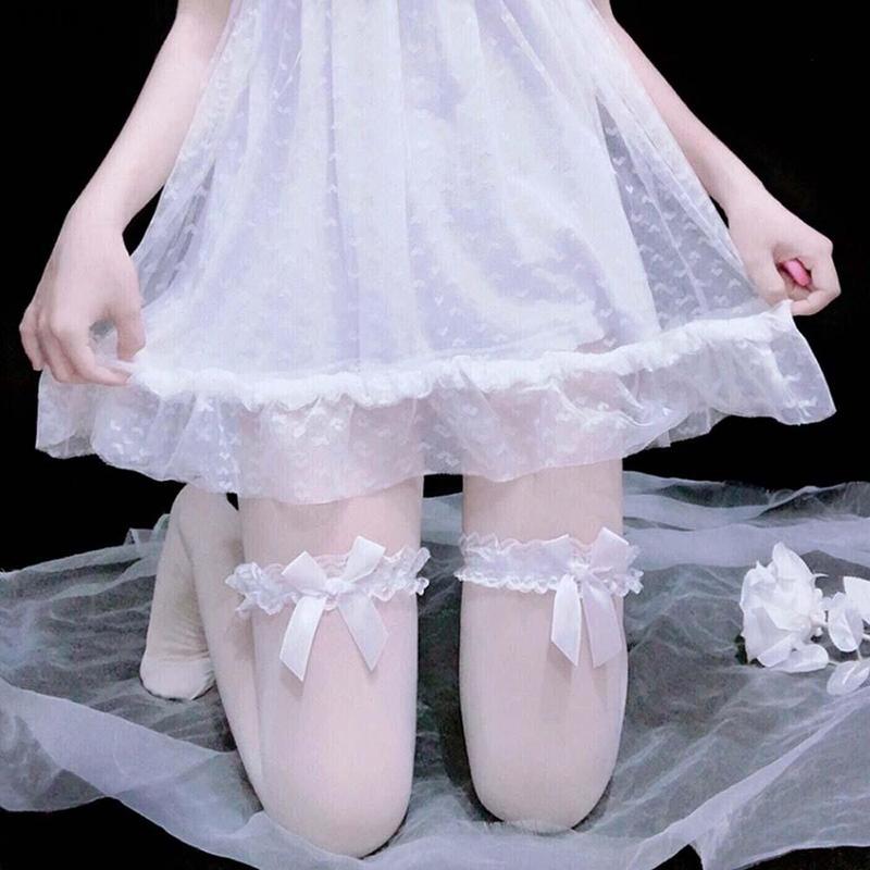 Vớ Hầu Gái Lolita, Phụ Kiện Trang Phục Cosplay Cao Đến Đầu Gối, Vớ Nylon Ren Có Nơ, Dễ Thương, Kwaii Girl, Tất Dài, Vớ Nữ Màu Trắng Đến Đầu Gối