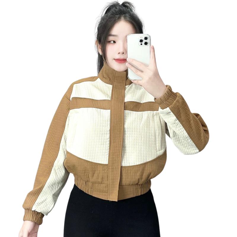 Áo khoác caro 2 da phối màu cổ trụ túi khóa kéo - Freesize 40-55kg - RTEE SHOP - Nữ Top Jacket Women Nâu 6