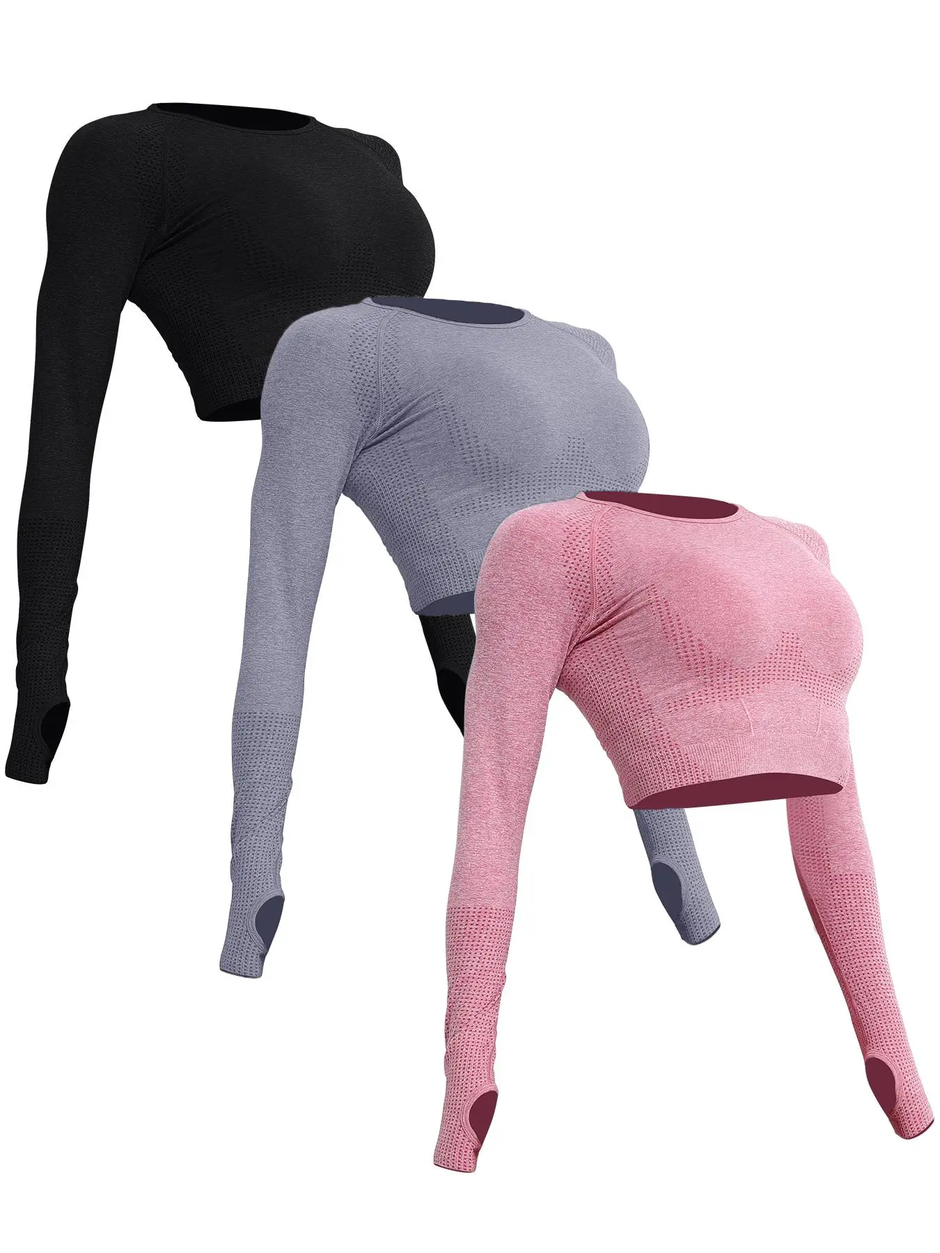Women's 3pcs Solid Raglan Sleeve Crop Sports Tee, Casual Long Sleeve Round Neck T-Shirt for Running Yoga Gym Workout Wear, Women Sport & Outdoor Clothing for Spring & Fall