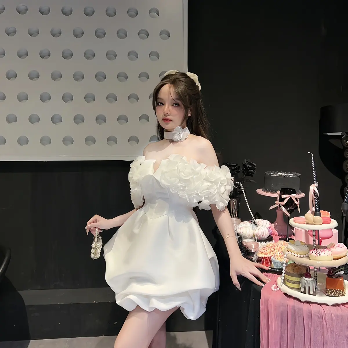 VÁY THIẾT KẾ TRỄ VAI ĐÍNH HOA NỔI 3D 8888 Chỉ giặt tay Nữ Dress vaytet Bo Chun