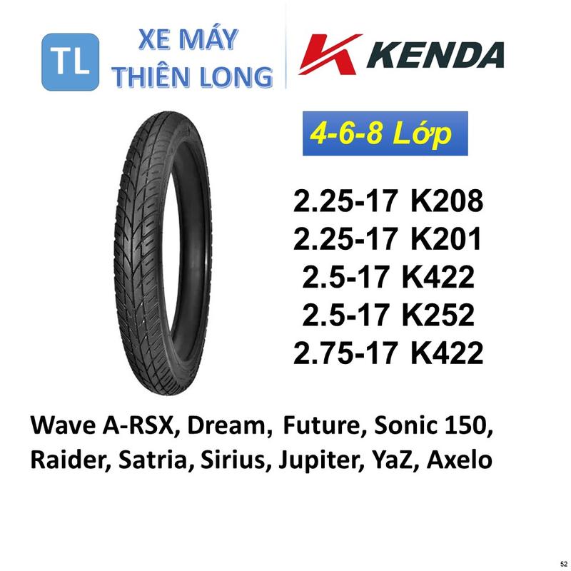 52. Lốp vỏ KENDA dùng ruột 2.25-17 & 2.5-17 & 2.75-17 gai K208, K201, K422, K252 dành cho xe Wave A-RSX, Dream, Future, Sonic 150, Raider, Satria, Sirius, Jupiter, YaZ, Axelo. 0