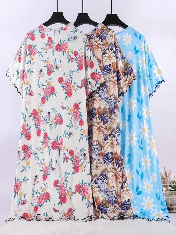 Plus Size Women's All Over   Floral Print Lettuce Trim Nightdress, Loose Casual Soft Comfortable Round Neck Short Sleeve Nightgown for Women, Women's Sleepwear for Summer 1