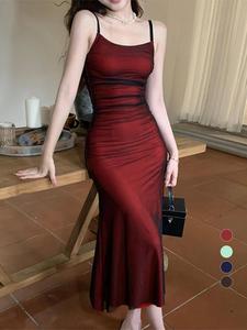 Vestido camisola liso y fruncido para mujer, elegante sin mangas con tirantes delgados, vestido largo ajustado para fiestas, club y citas, ropa de dama para todas las estaciones