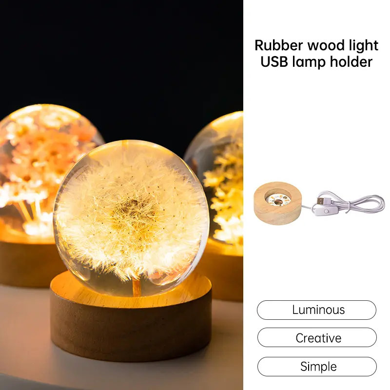 【COD】Dudukan Lampu USB LED Dasar Kayu Bercahaya Dasar Lampu Malam Kecil Bola Kristal Dasar Bercahaya