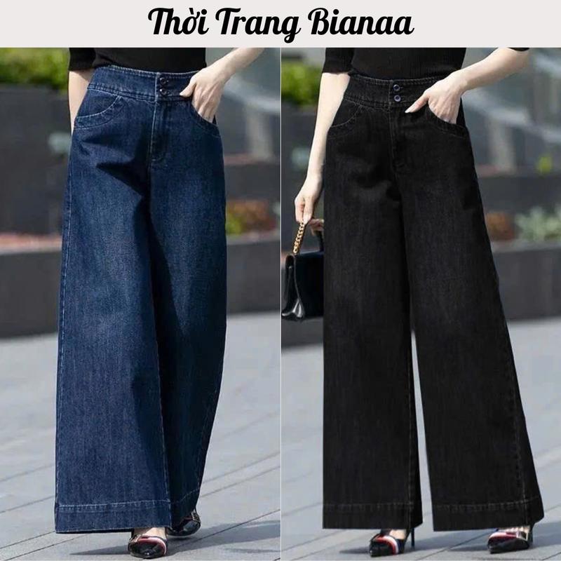 Q29 Quần Bò Nữ Dài Ống Rộng Bianaa Cạp Cao Có Cúc Chất Liệu Bò Dày Dặn