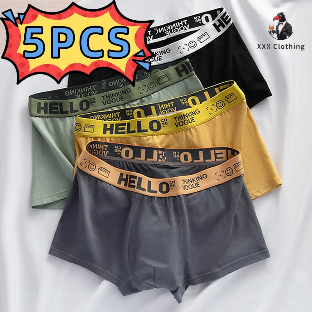 Quần Lót Boxer Nam, 5 CÁI, Chất Liệu Cotton Thoáng Khí, Thấm Hút Mồ Hôi, Thiết Kế Đáy Quần, Thắt Lưng Đàn Hồi Cao, In Chữ Thời Trang, Thích Hợp Làm Đồ Lót Nam, [Quần Áo XXX]
