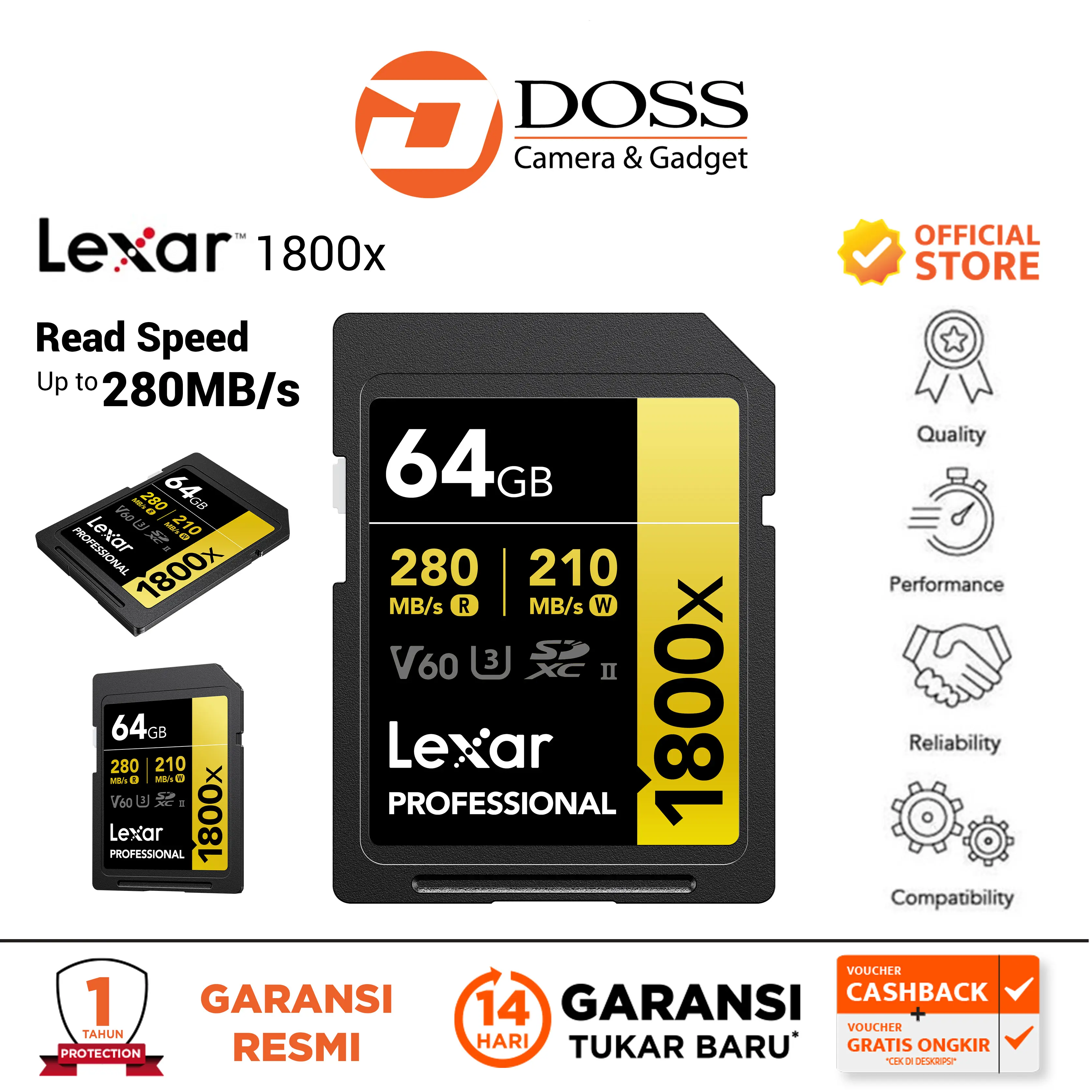 Lexar 64GB Professional 1800x SDXC UHS-II Memory Card Gold Otg Storage
