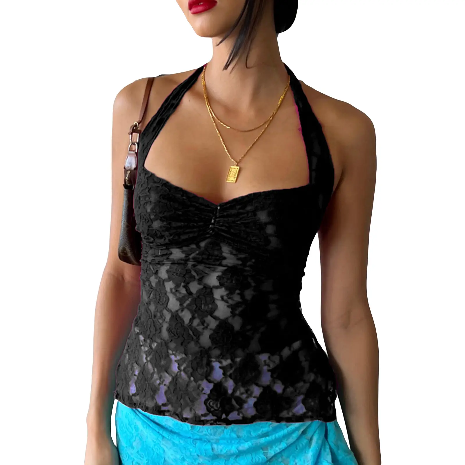 Women Fashion Tank Tops Lace Tie-Up Halter Neck Sleeveless Vests Summer Casual Slim Fit T-Shirts Streetwear