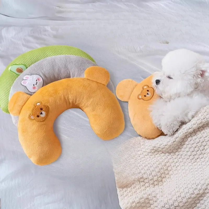 Gối hình chữ U thêu hoạt hình, dành cho chó và mèo, thoáng khí, thích hợp cho tất cả các mùa, gối ngủ cho thú cưng 0