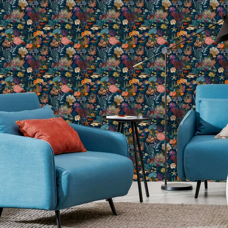 Floral & Fish Pattern Wall Sticker, 1 Roll Removable Waterproof Wall Paper, Self Adhesive Wall Decal for Kitchen Living Room Dining Room Bedroom 4