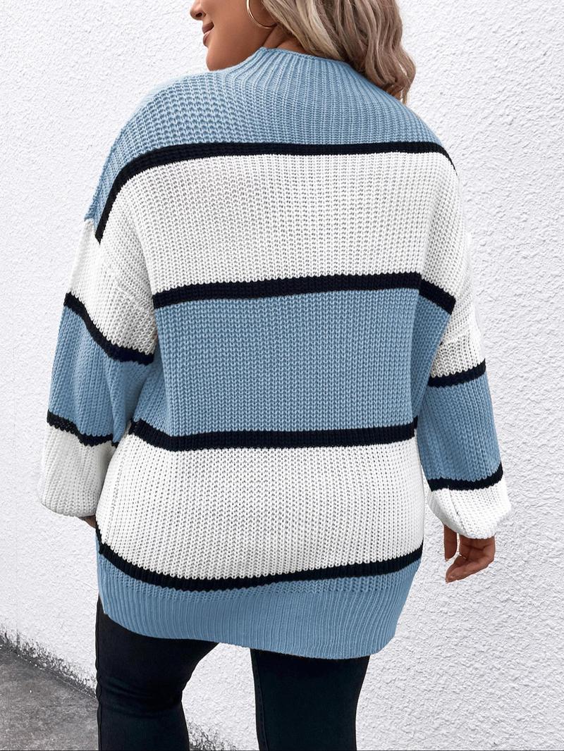 Product Introduction of 【Plus Size】 Colorblock Striped Print Drop Shoulder Sweater Pullover, Casual Chic Long Sleeve Round Neck Jumper for Fall & Winter, Women's Plus Clothing for Daily Wear 7