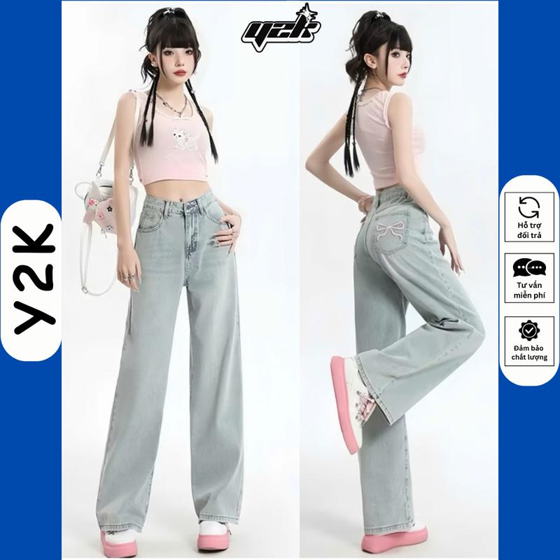 (SUÔNG NẤM LÙN) QUẦN JEAN ỐNG SUÔNG NỮ THÊU NƠ HỒNG Cạp Lưng Cao XUÔNG 9 TẤC 90CM ỐNG RỘNG CHO NẤM LÙN Pants Women size xs quansuong namlun m5 suong theu jeans