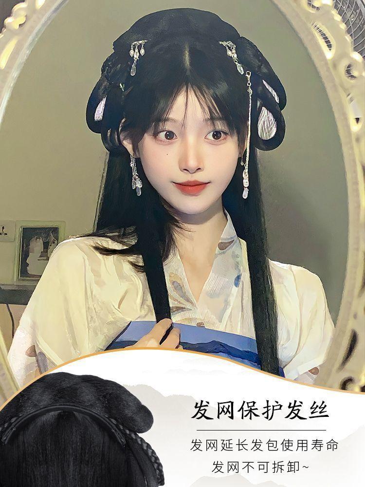 Product Introduction of Hanfu Wig Full-Head Wig Ancient Style Chignon One-Piece Barrettes Lazy Ancient Costume Wig Style Bun Headdress for Women 2
