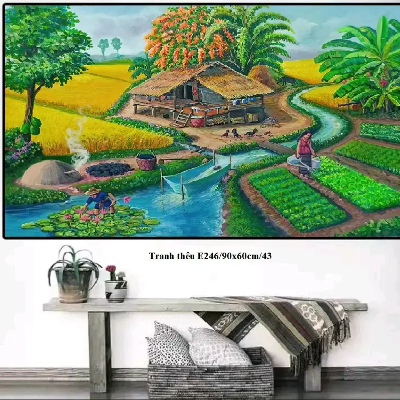 TRANH THÊU KÍN LÀNG QUÊ VIỆT NAM 90X60CM EDB246 125X80CM Handmade Thêu Chữ Làm Đồ Handmade