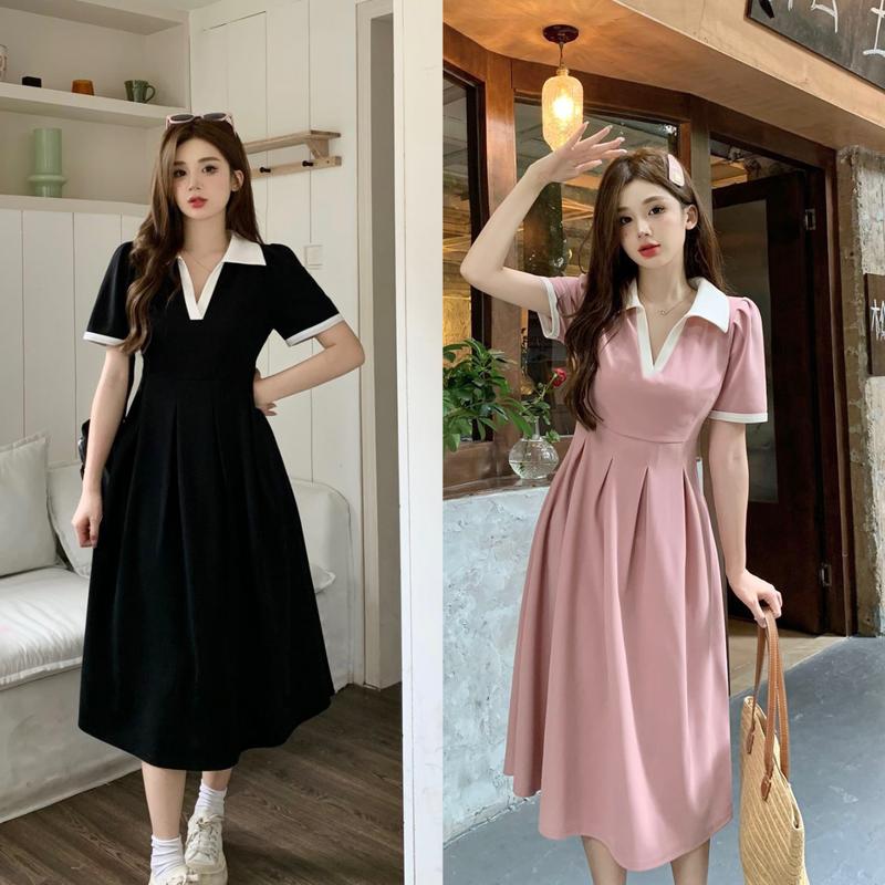 Đầm Polo Bigsize Phối Cổ Trắng Nữ Tay Ngắn,Đầm Dáng Suông Chữ A Big Size Vải Gân Tăm Mềm Mát Thời Trang G94 Màu Đen Dress Women