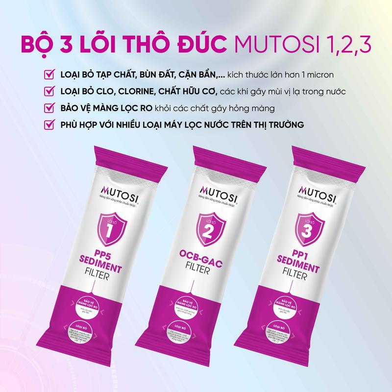Combo 3 lõi lọc nước thô đúc Mutosi gồm lõi số 1, số 2, số 3 - Sử dụng cho máy lọc nước RO