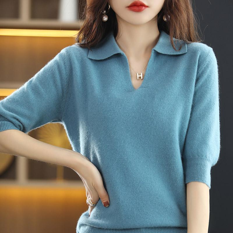 Áo Phông Nửa Tay Áo, Cổ Polo, Đồ Len, Dành Cho Phụ Nữ, Hàng Mới Về Mùa Xuân, Mũ Trùm Đầu Dáng Rộng Rãi, Áo Len Dễ Phối Đồ Ngắn, Áo Sơ Mi Lớp Cơ Sở, Áo Nữ 2