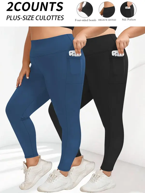 【Plus Size】 Solid High Waist Pocket Leggings, Casual Comfy Breathable Skinny Pants for Daily Wear, Women's Bottoms for All Seasons 6