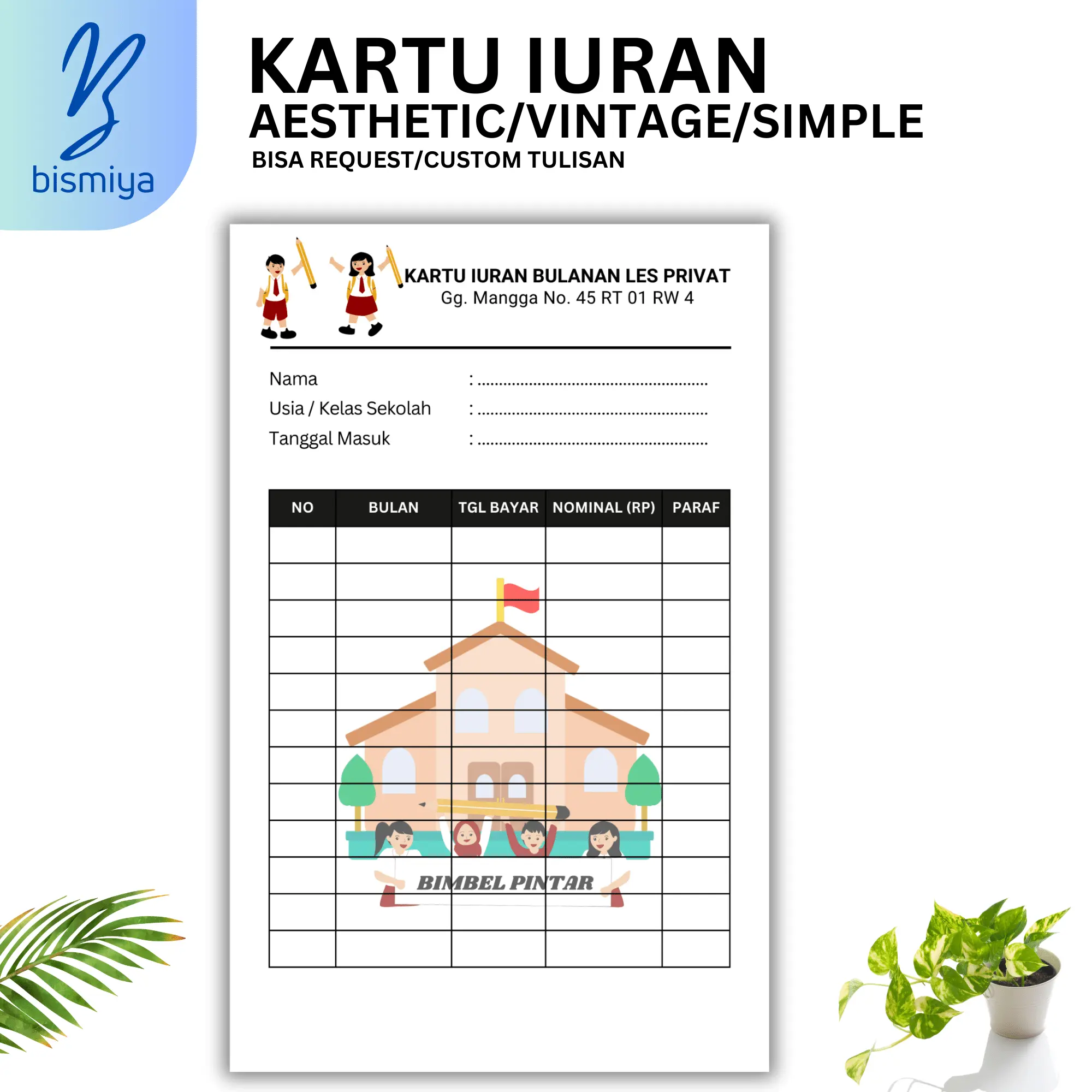KARTU IURAN CUSTOM/WATERMARK/SPP/INFAQ/SYAHRIYAH/IURAN BULAN/IURAN RT/RW/SAMPAH DLL / SPP BIMBEL