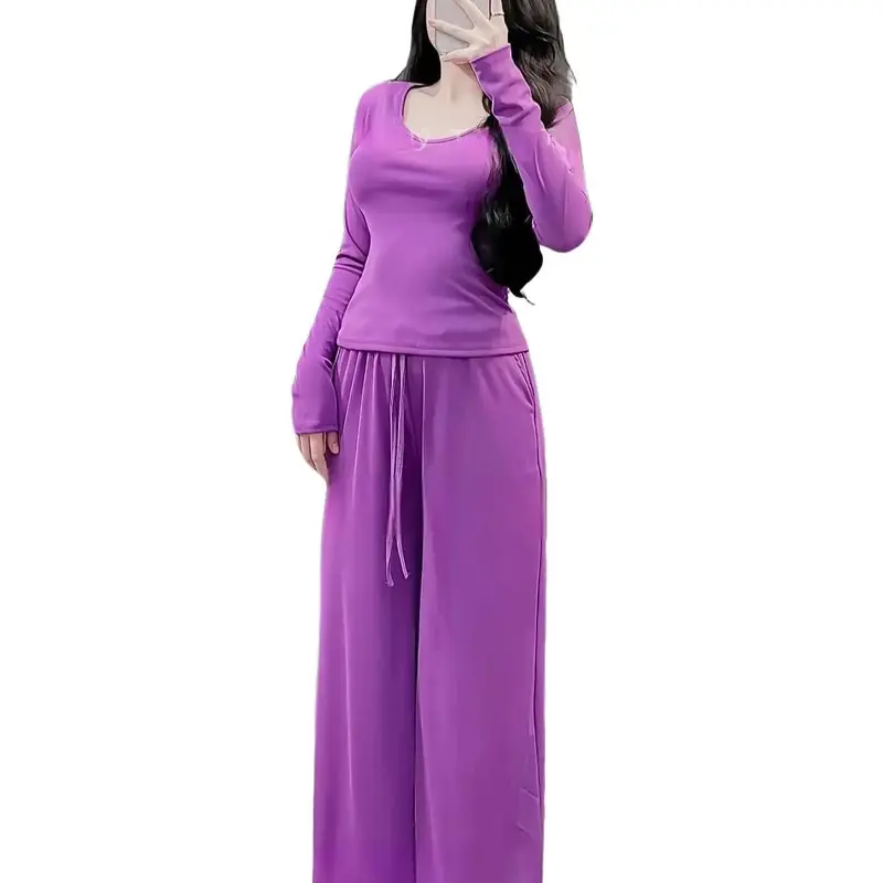 95. 1857 Set Bộ Dài Suông Tay Dài Cổ Tim Chất Đẹp. Quần Dài Ống Suông Có Túi, Áo Vạt Ngang. Nữ Top Vàng Thun Women Ong Nhung 1