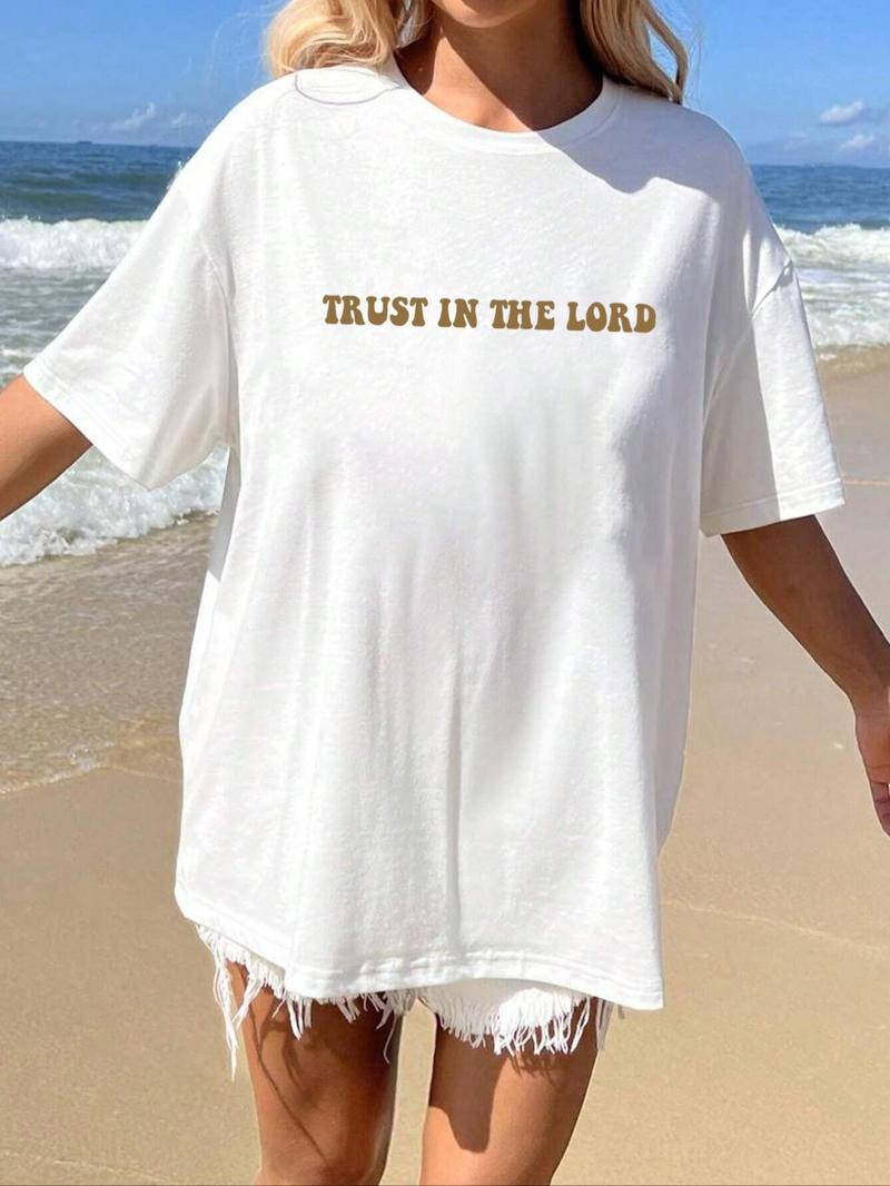 Product Introduction of Women's Plain / Letter Print Drop Shoulder Tee, Casual Comfy Graphic Print Half Sleeve Round Neck T-Shirt for Summer, Fashion Simple Women's Top for Daily Wear, Clothing 9