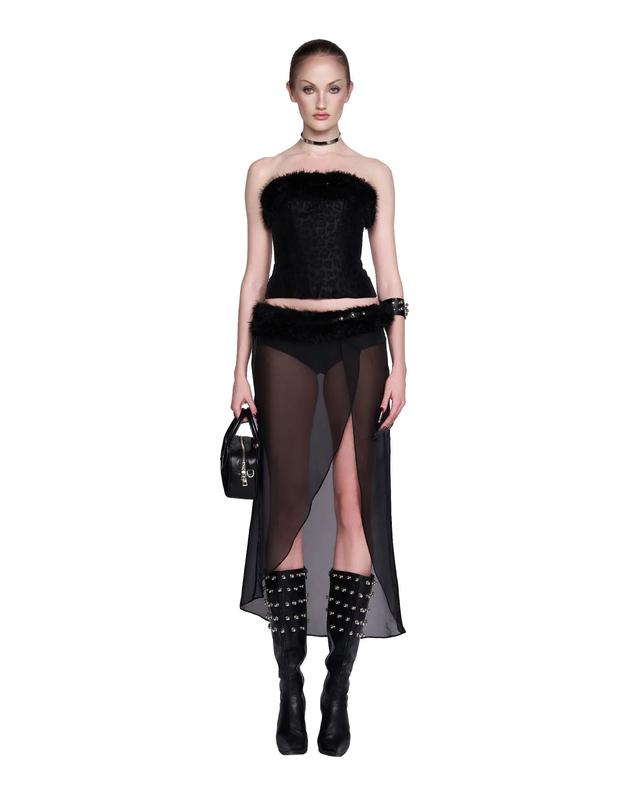 Tặng hộp LSOUL - Fang Set Áo Cúp Ngực Đan Dây Corset Phối Lông Chân Váy Xuyên Thấu Xẻ Tà A24122792 CV24120704 Women