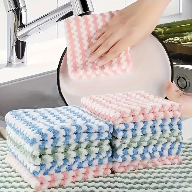 10pcs Ultra-Absorbent Microfiber Kitchen Towels - Oil & Lint-Free, Perfect for Dishes & Countertops, Easy Clean, Contemporary Style, Square, Hand Wash Only, Striped in Blue, Pink, & Green