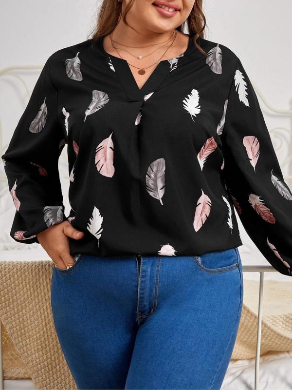 【Plus Size】Feather Print Notched Neck Blouse, Casual Long Sleeve Top for Spring & Fall, Women's Clothes for Daily Wear 3