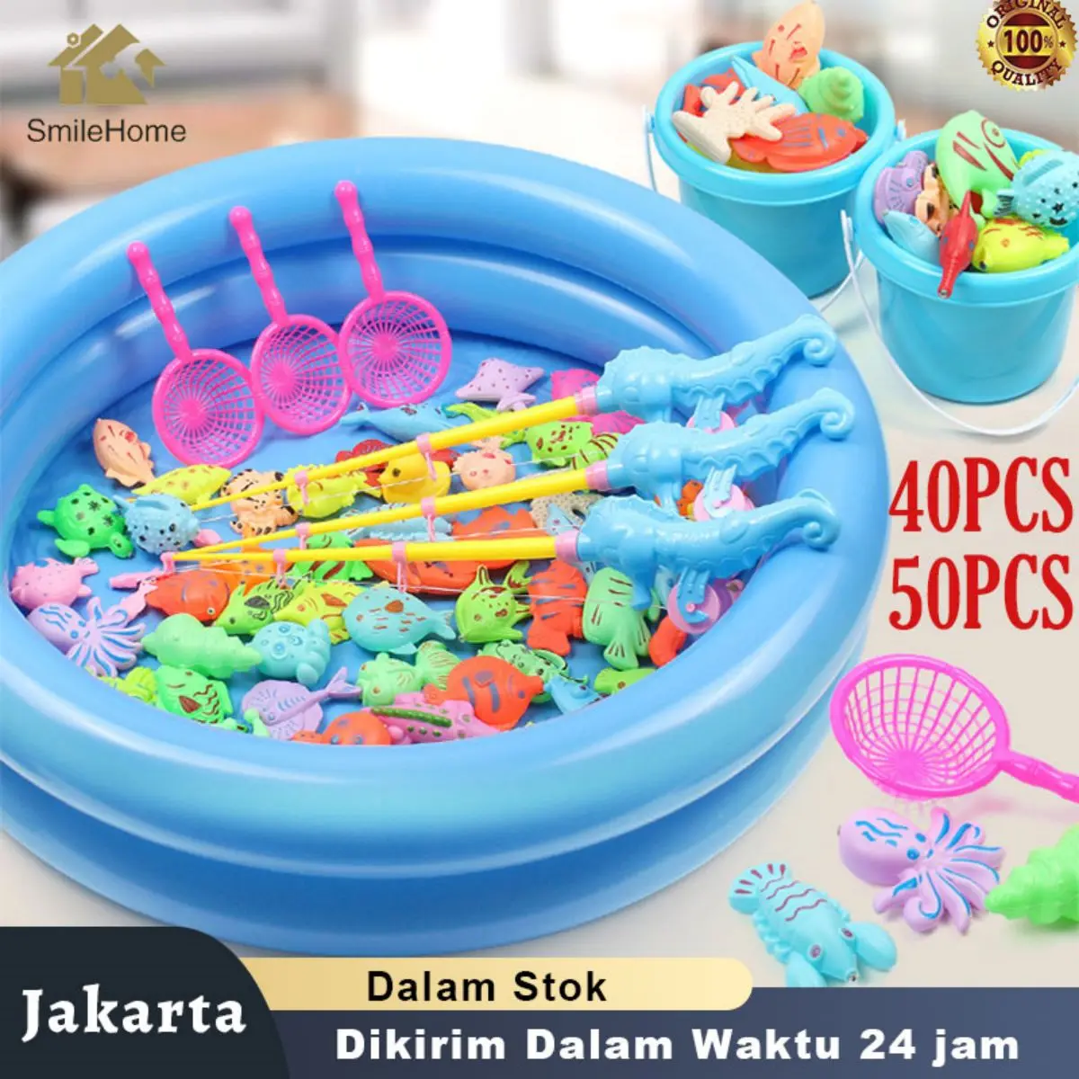 Mainan Pancing Ikan / Kids Magnetic Fishing Toy Set with Inflatable Pool Playing Water Baby Bath Toys Fishing rod Outdoor Fun Game Water Toy for Child children