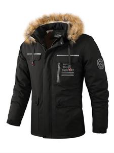 Men's Solid Patched Pocket Zipper Thermal Lined Jacket, Regular Fit Casual Contrast Faux Fur Long Sleeve Button Hooded Outerwear for Fall & Winter,  Men's Clothing, Men's Clothes for Daily Wear