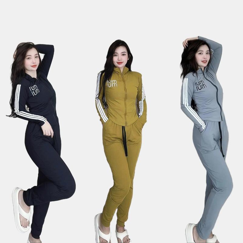 Set Bộ Nữ Thể Thao MỎNG MÁT Thun Tăm Quần Dài Ôm Bo Ống Áo Thêu Chữ Tay Dài Khóa Kéo Sport Chạy Bộ Top