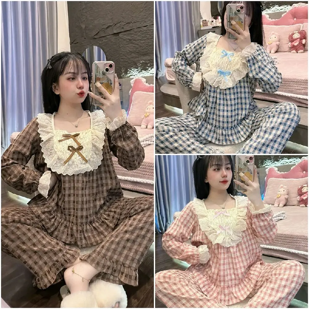 Bộ Tiểu Thư Cổ Nhún Bèo Viền Ren, Vải Kẻ Nhung Mềm Mại, Tay Dài Bo Chun, Quần Dài Fre size 40-58kg Women Quần Ngủ Áo  Voi Kem Hồng Top