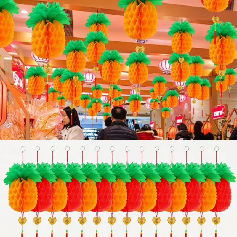 Product Introduction of 3Pcs Folding Honeycomb Paper Pineapple Lantern 3D Shopping Malls Streets Shops Home Birthday Party Hanging Ornament Spring Festival Decorations 15