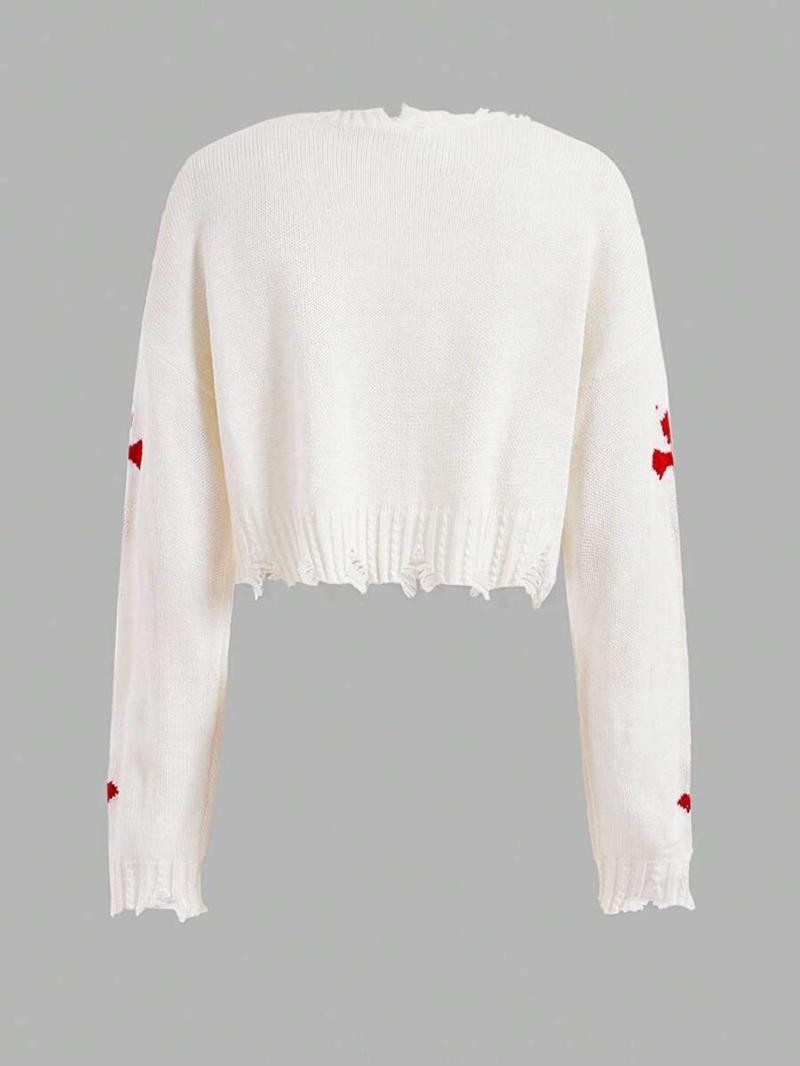 Product Introduction of Women's Cross Print Ripped Drop Shoulder Crop Sweater, Street Fashion Chic Style Long Sleeve V Neck Jumper for Daily Outdoor Wear, Ladies Knitwear for Spring & Fall, Tops for Women, Sweater for Women, Trending Clothing Women 10