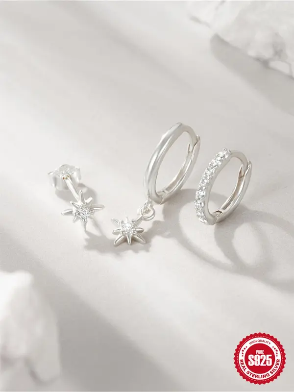 925 Sterling Silver Star Design Hoop Earrings & Stud Earrings, Fashionable Earrings for Women & Girls, Trendy All-match & Exquisite Jewelry for Birthday Gift 4