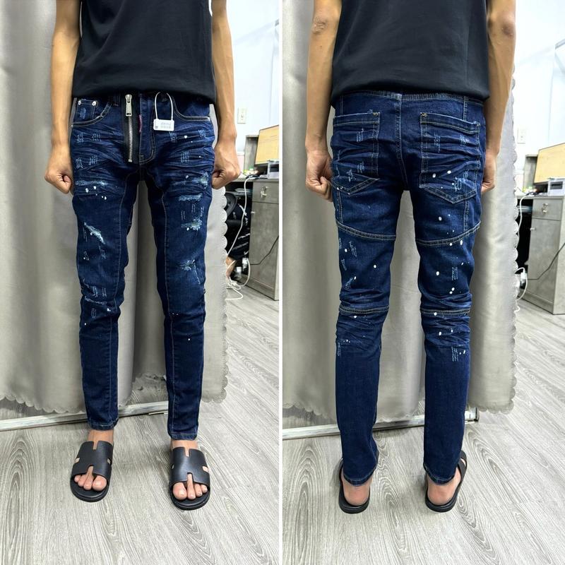Quần jean đs quy xanh viền gân baiger rách cào nhẹ dập nhăn 3D sau bản 4 cúc tiện dụng host 2025