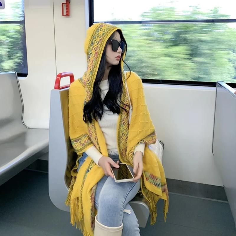 Khăn Choàng Cho Nữ, Mùa Thu Và Mùa Đông, Phong Cách Dân Tộc, Viền Cầu Vồng, Trang Trí Ngoài Trời, Khăn Choàng Có Mũ Trùm Đầu, Thích Hợp Cho Du Lịch Và Chụp Ảnh Ngoài Trời, Áo Choàng Ấm Áp Women Nhung Quàng Cổ Voi 1