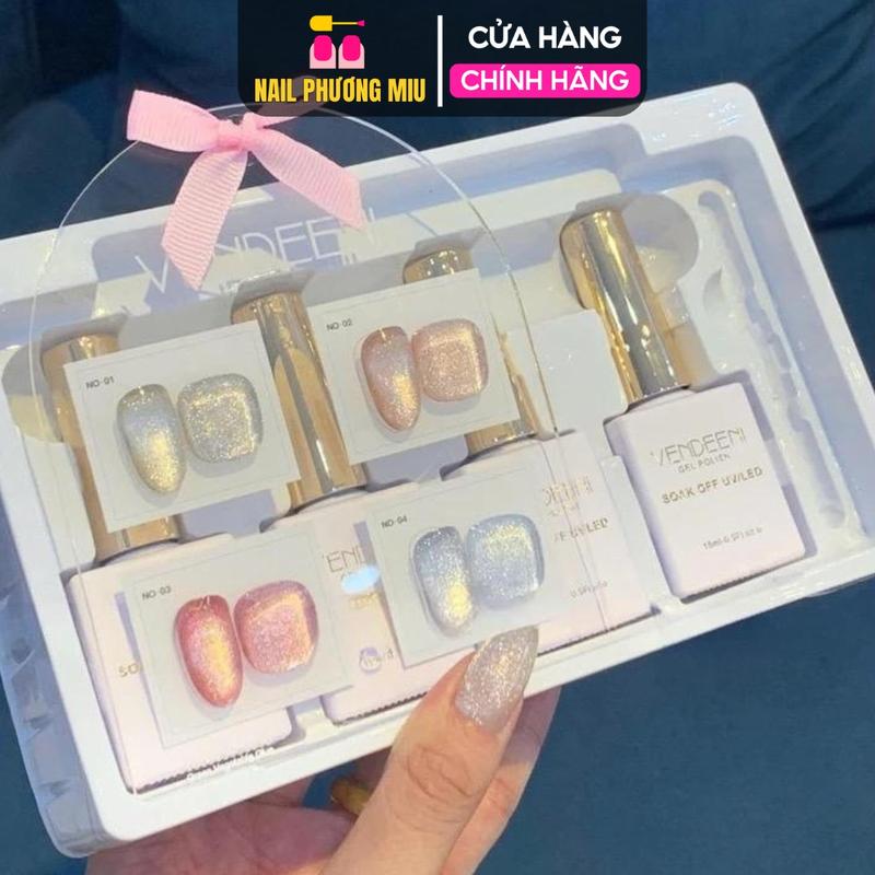 Set Sơn Mắt Mèo Ánh Trắng Kim Cương VENDEENI 4 Màu Siêu Sáng Sơn Gel thạch đỏ Đậm Mướt Tặng Kèm Bảng Màu Chính Hãng Nữ Women ombre