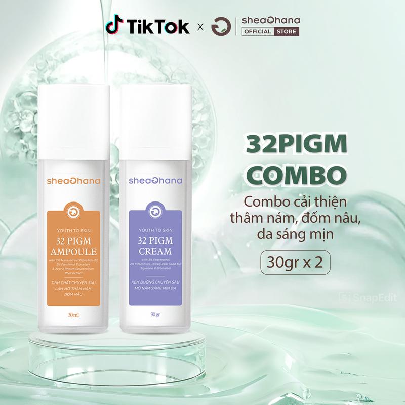 COMBO Bộ Đôi Mờ Thâm Nám Tinh chất Serum 32 PIGM Ampoule và Kem dưỡng Cream 32 PIGM Sheaghana