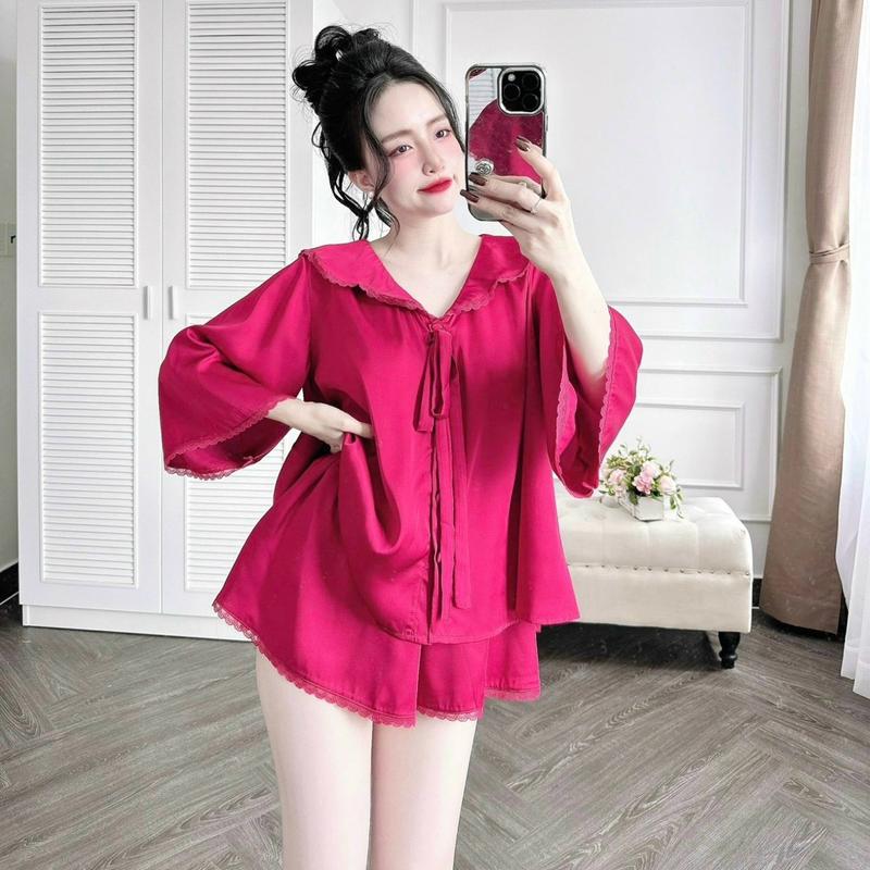 Set bộ tiểu thư tay loe cổ bèo ren cột nơ nút bọc 45-75kg quần đùi xoè giả váy ống rộng có túi Nữ Nữ