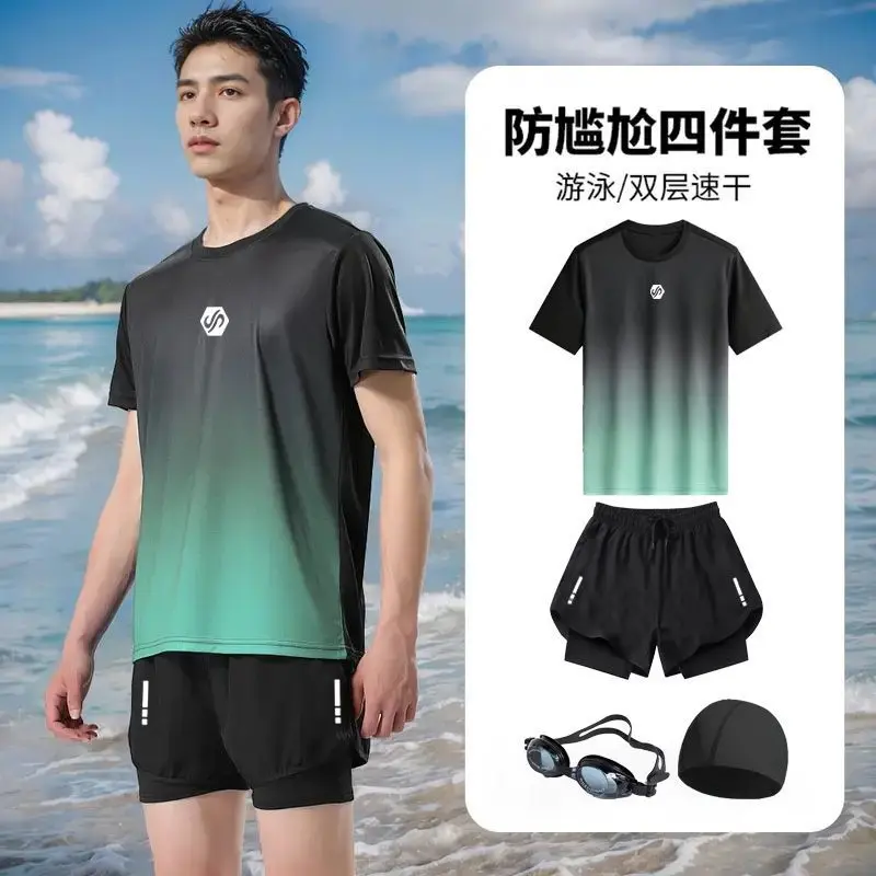 Set Pakaian Renang Lelaki, Koleksi 2025, Alat Renang Cepat Kering Musim Panas, Anti-Kesusahan Dua Lapisan, Sesuai untuk Menyelam Snorkeling dan Meluncur, Lengan Pendek untuk Mata Air Panas