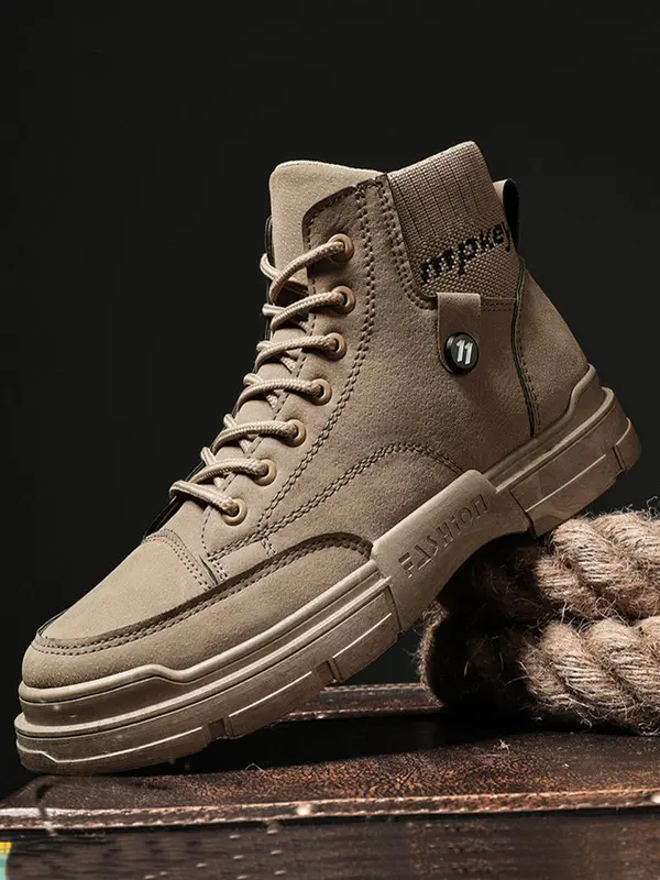 Men's Casual Solid Color Lace up Pu Leather Boots, Fashionable Casual Work Shoes for Daily Wear, Comfortable and Versatile High Top Shoes for Fall & Winter 8
