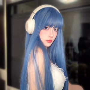 コニーウィッグ女性のロングヘアフルヘッドセットアニメユニバーサル cos ブルーグレーロングストレートヘアナチュラルシミュレーション人間
