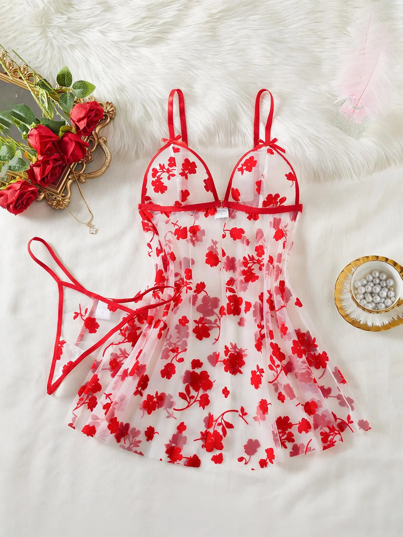Women's Floral Print Bow Decor Sheer Mesh Cami Nightdress & Thong Sexy Lingerie Set, Sexy Romantic Adjustable Spaghetti Strap Backless Sleeveless Nightgown & Panty Set, Women's Sleepwear for All Seasons