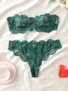 Conjunto de lencería sexy de dos piezas con encaje floral para mujer, sujetador bandeau con aros y tanga con ribete festoneado, conjunto de lencería cómodo y transpirable para el día a día, conjunto de ropa interior de mujer para todas las temporadas