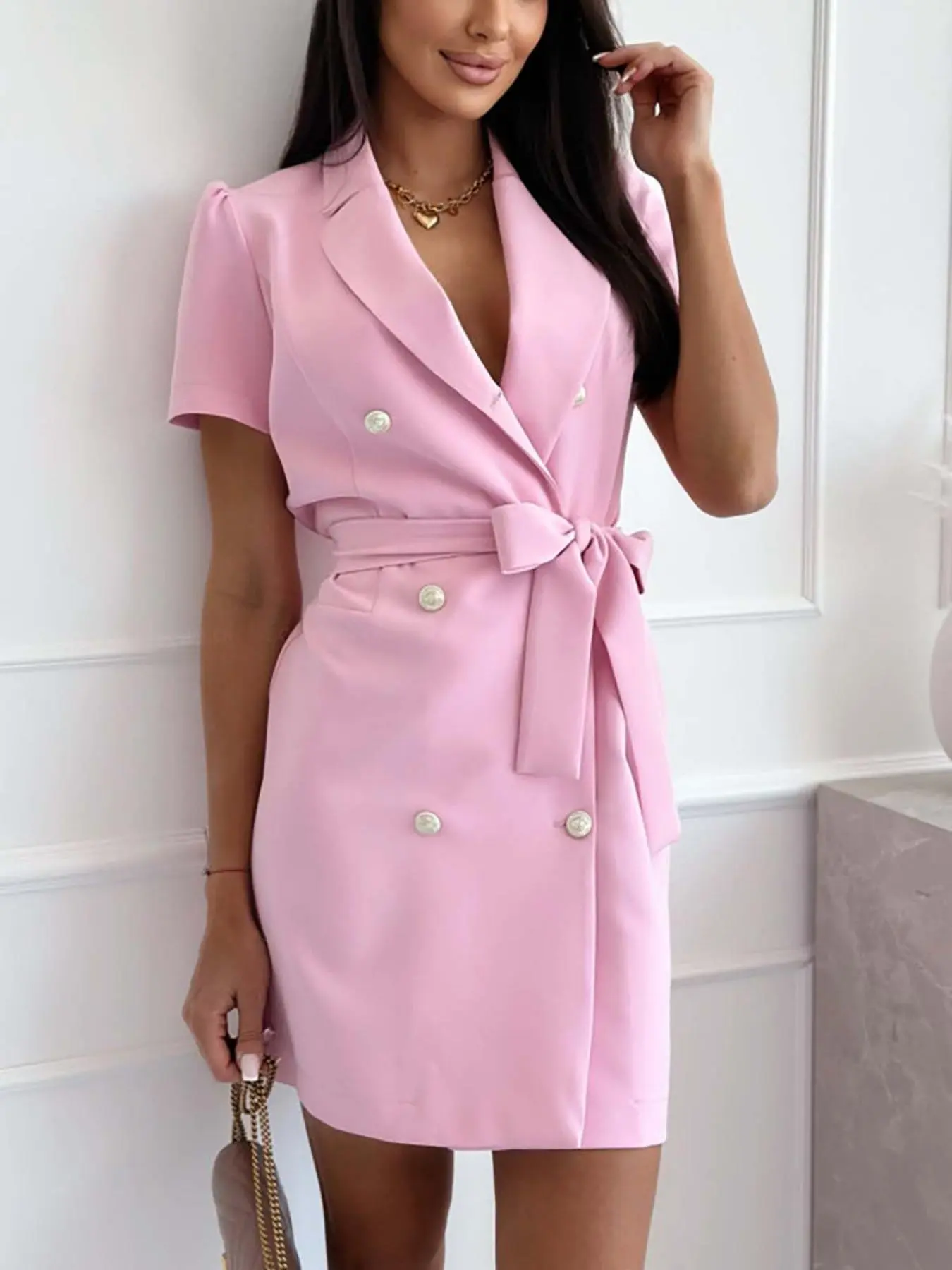 Women's Solid Color Button Decor Belted Dress, Elegant Short Sleeve Dress for Work Office Business, Ladies Spring & Fall Clothes