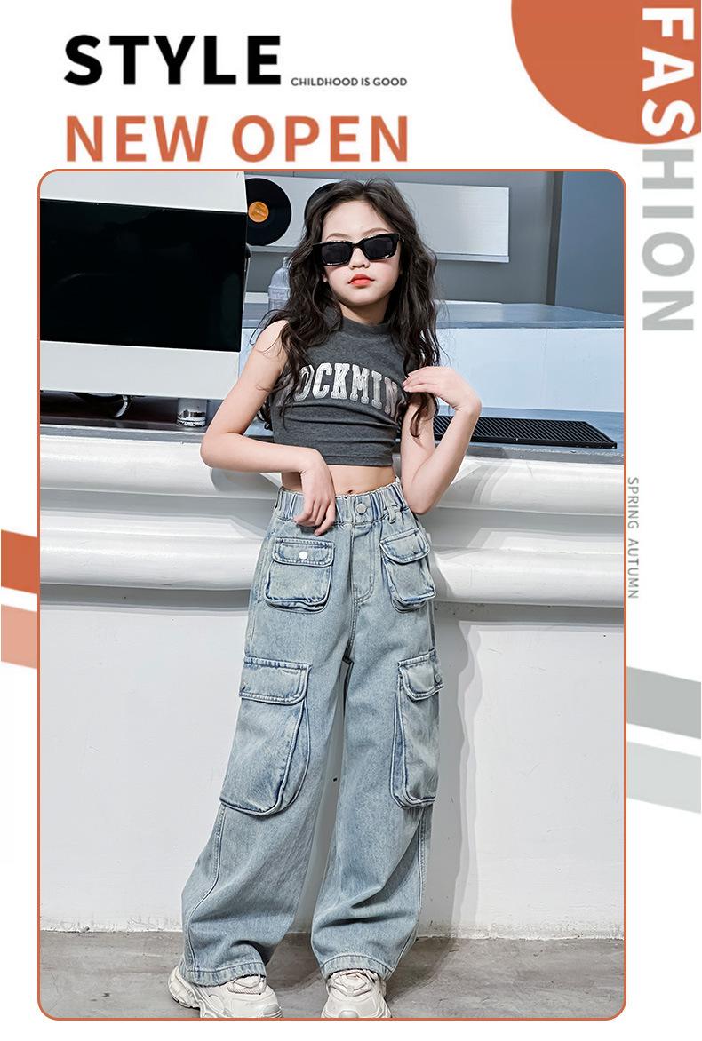 Product Introduction of Quần Jean Túi Hộp Cho Bé Gái, Hàng Mới Về, Quần Ống Đứng Cho Trẻ Em, Phong Cách Hàn Quốc, Hợp Xu hướng Và Ngầu, Quần Ống Rộng Dáng Rộng, Thích Hợp Cho Quần Áo Mùa Hè Cho Trẻ Em, 2024 1