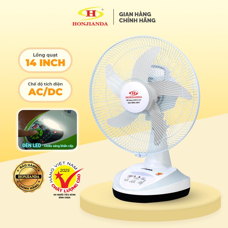 Quạt Sạc Tích Điện Honjianda lên đến 12 tiếng dạng để bàn FL314 kích thước 14 inch, có đèn LED &  USB