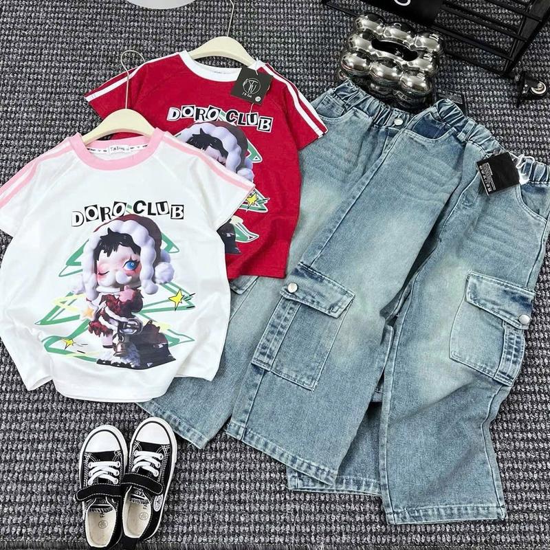 23-52kg Sét quần jean suông túi hộp áo cotton hoạ tiết siêu cute cho bé