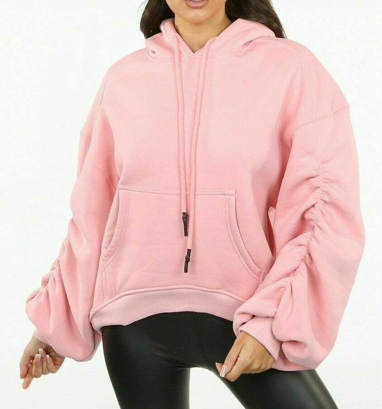 Womens Ruched Sleeve Fleece Oversized Hoodie Top Ladies Sweatshirt Hooded Jumper 6